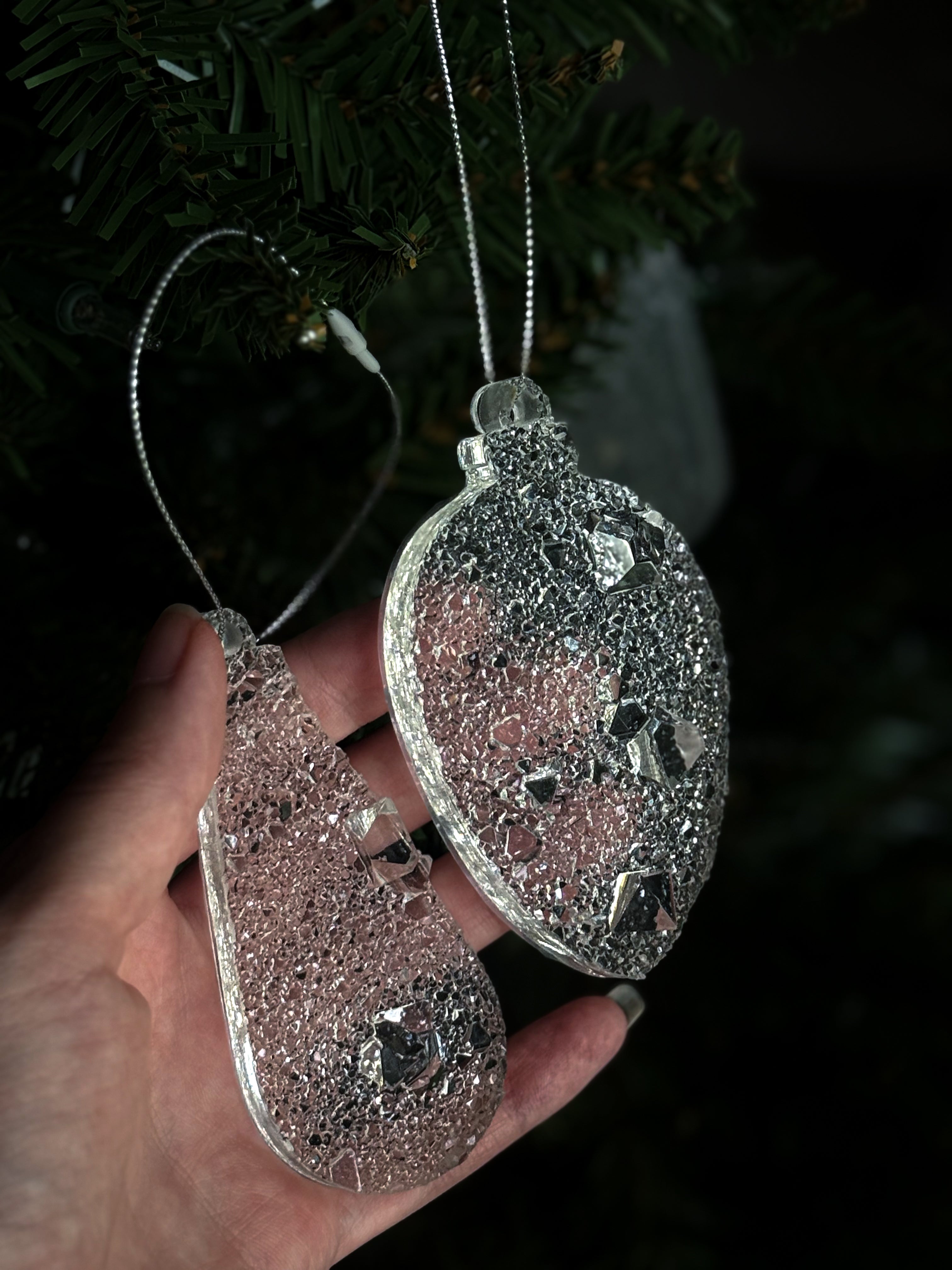 Set of 2 Crystal Drop Ornaments | Clear Resin Christmas Decorations | Large Sparkling Tree Drops