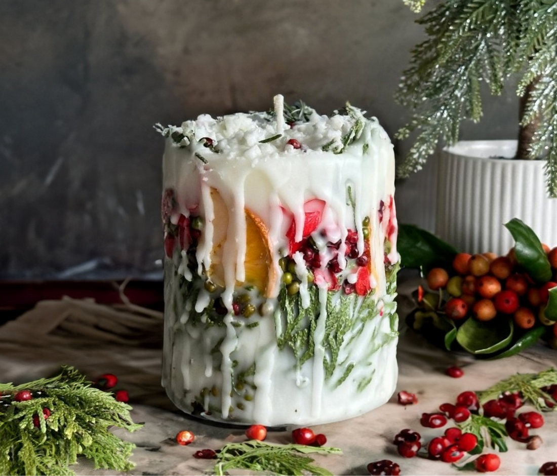 Botanical Christmas Candle: Rustic Holiday Decor with fir sprigs, orange and spices