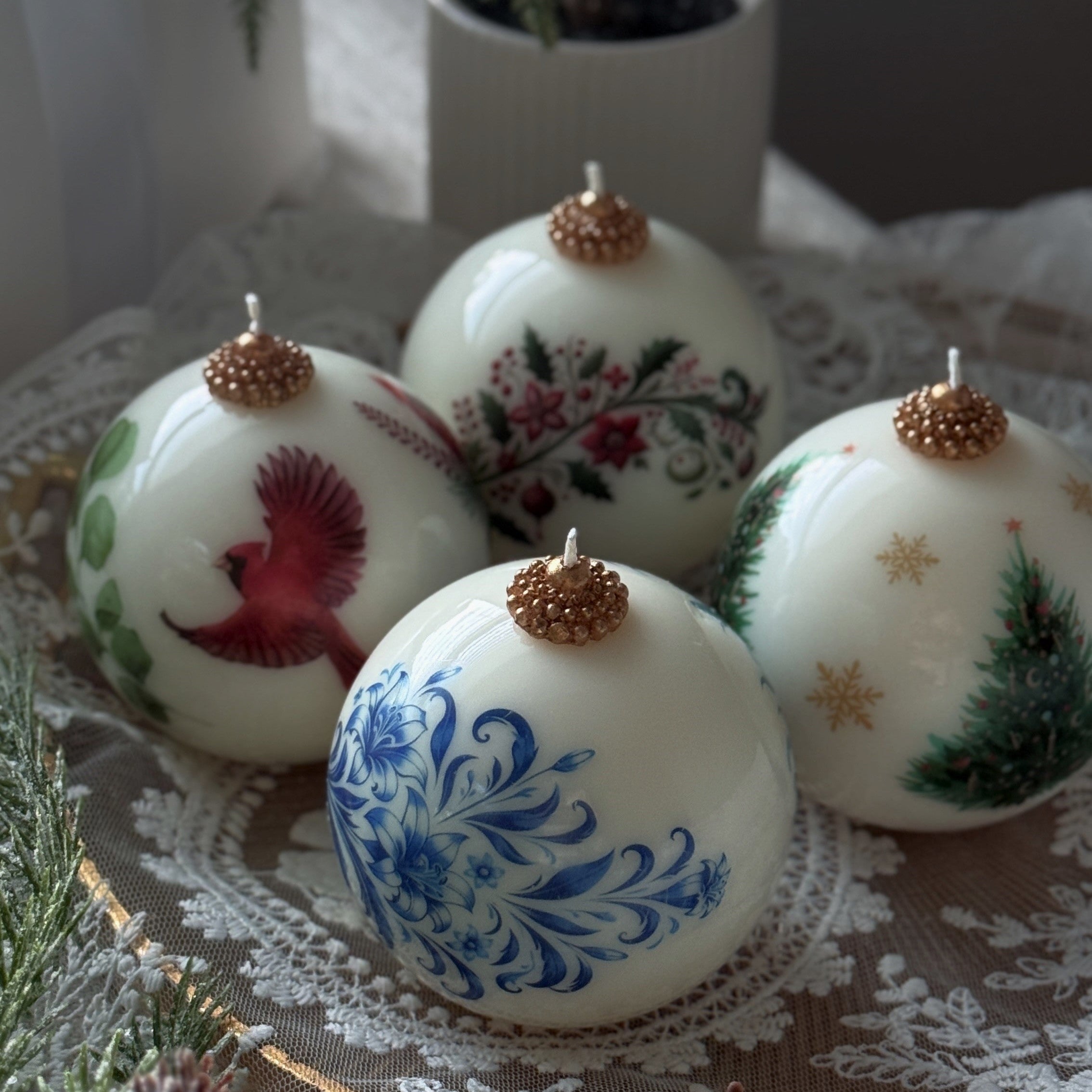 Christmas Candle Gift Set: Vintage style Gzhel, Cardinal, Tree - Holiday Poinsettia Gift for Hostess