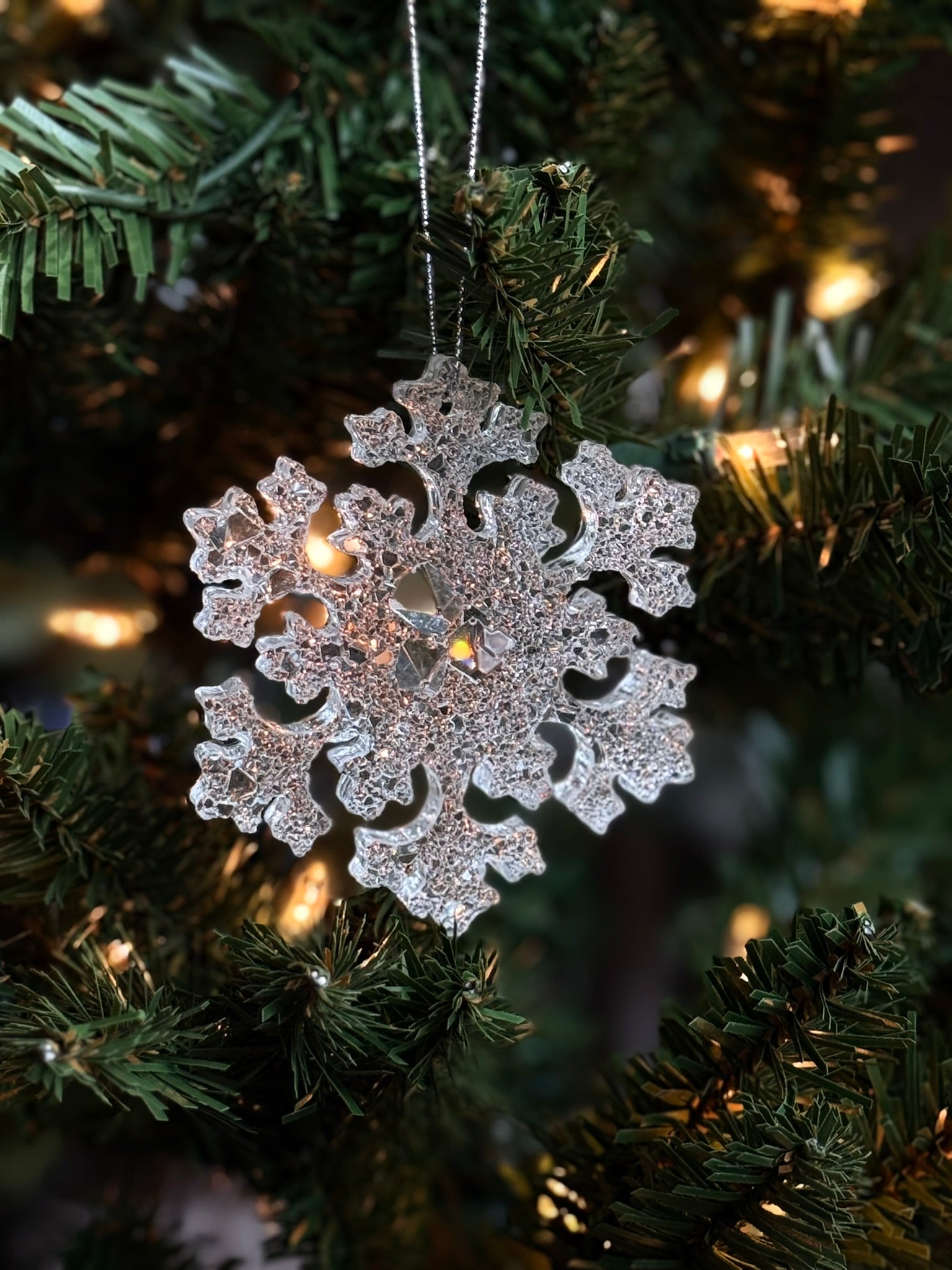 Snowflake Holiday Ornament | Clear Resin Christmas Decoration | Sparkling Winter Tree Decor