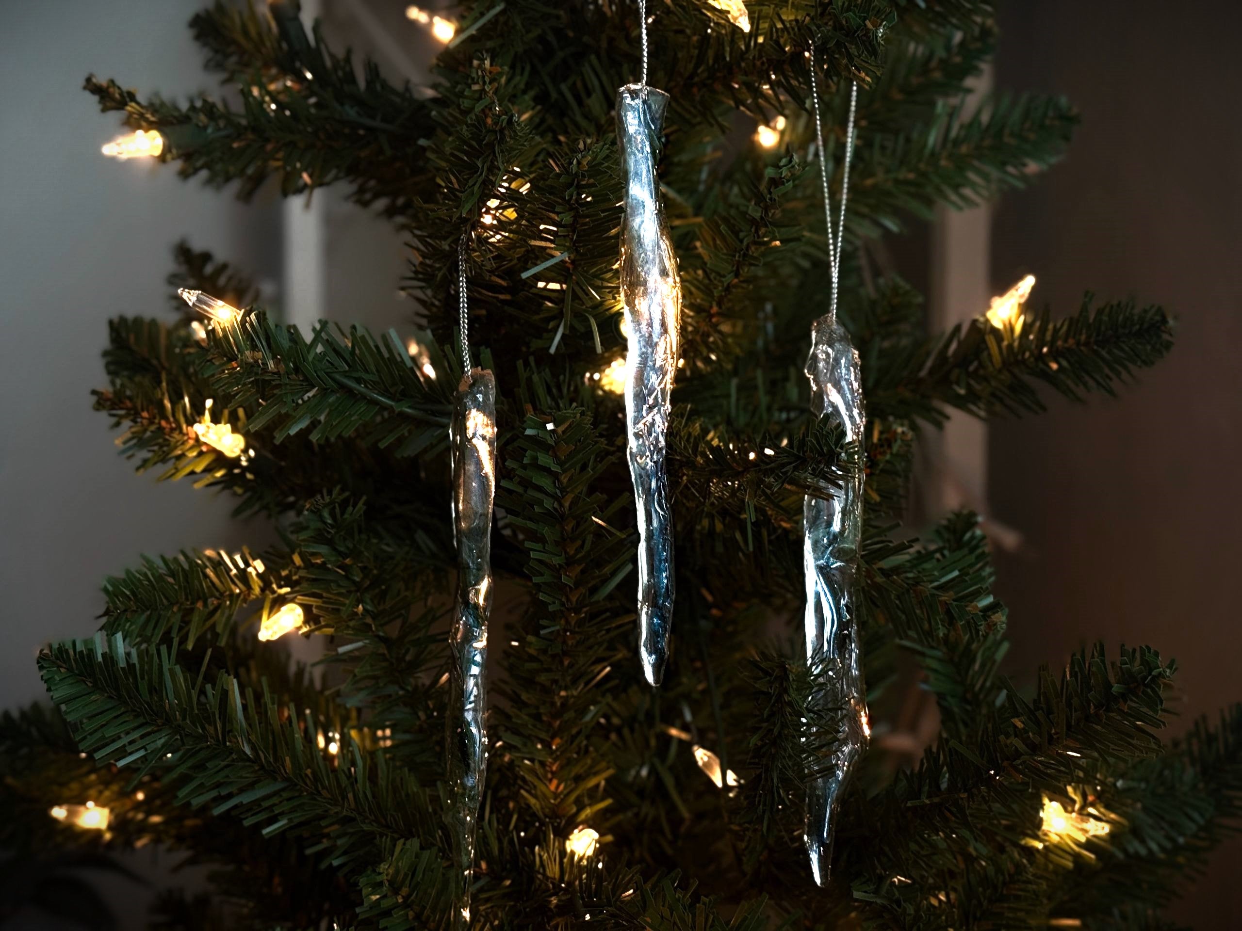 Set of 3 Icicle Christmas Ornaments: Realistic Ice Look, Winter Holiday Decor
