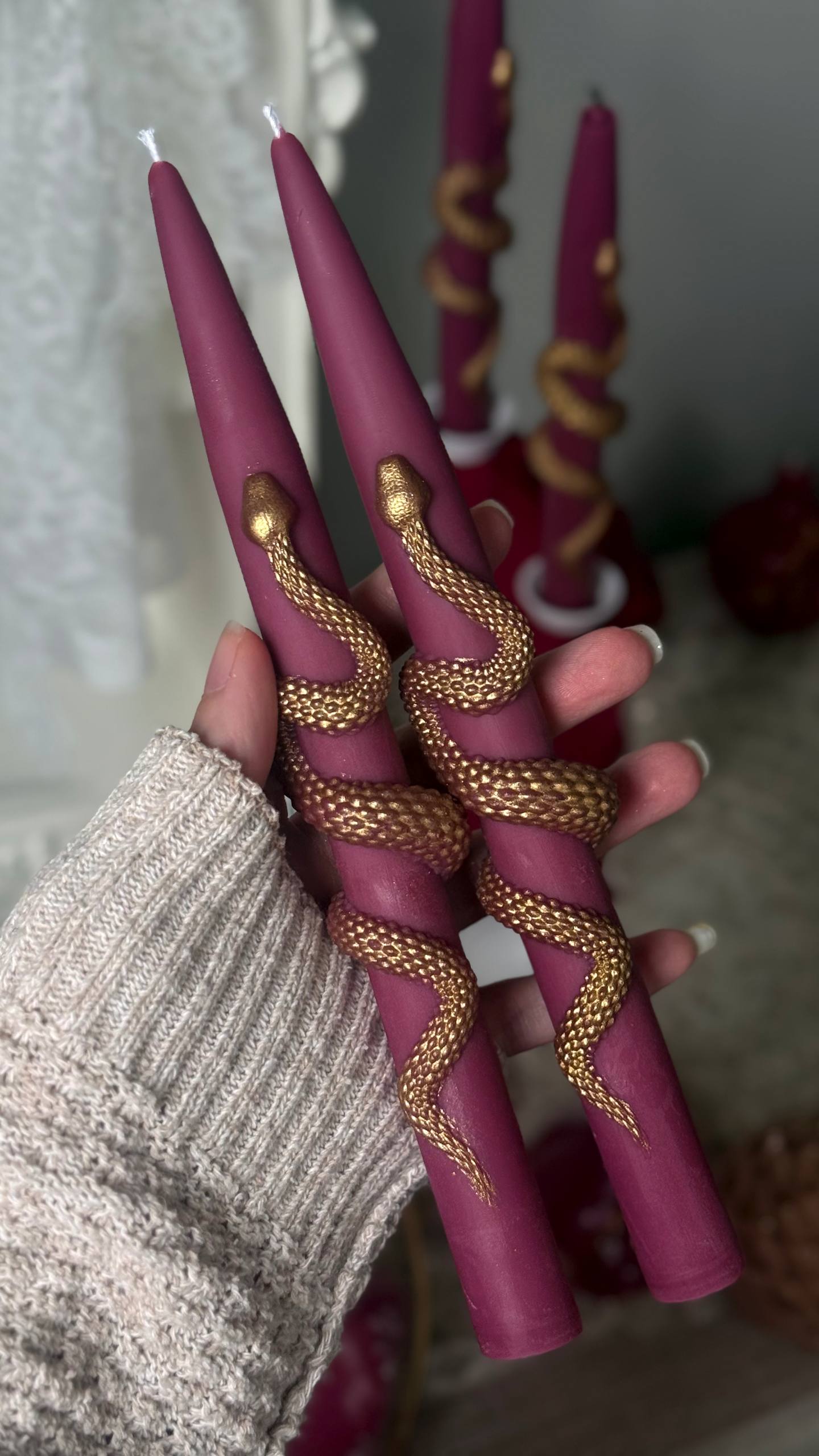 Christmas Taper Candles (Set of 2) with Gold Snake - Gothic Holiday Decor Set