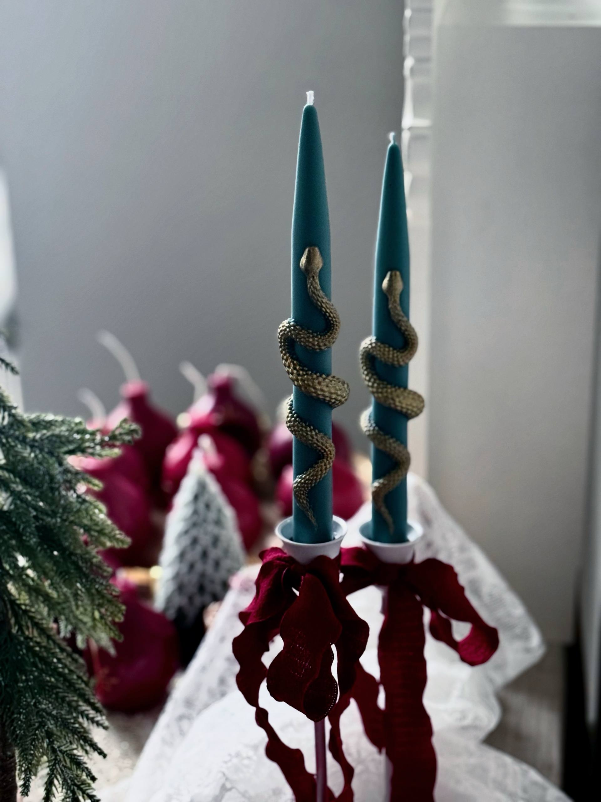 Christmas Taper Candles (Set of 2) with Gold Snake - Gothic Holiday Decor Set