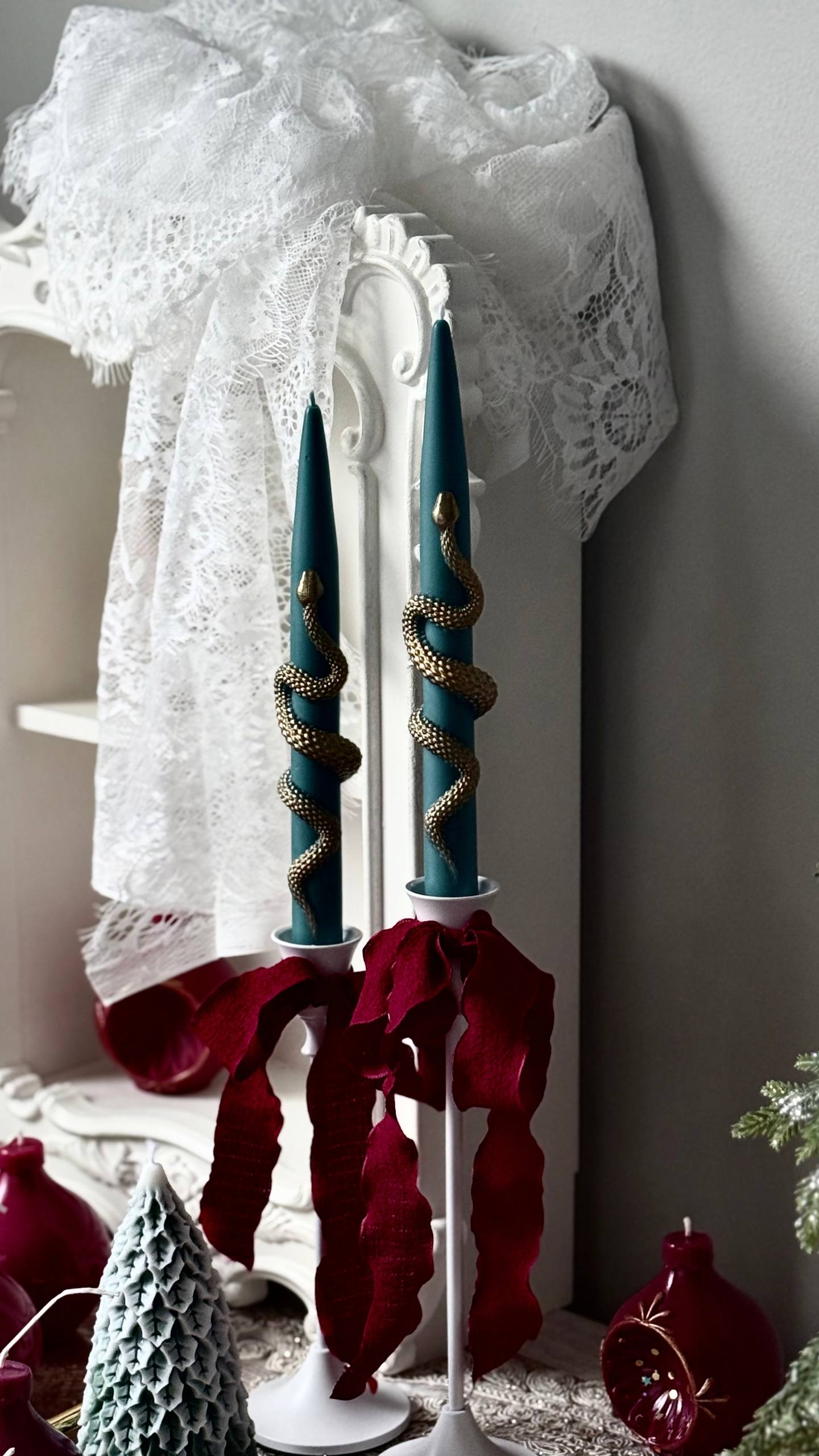 Christmas Taper Candles (Set of 2) with Gold Snake - Gothic Holiday Decor Set