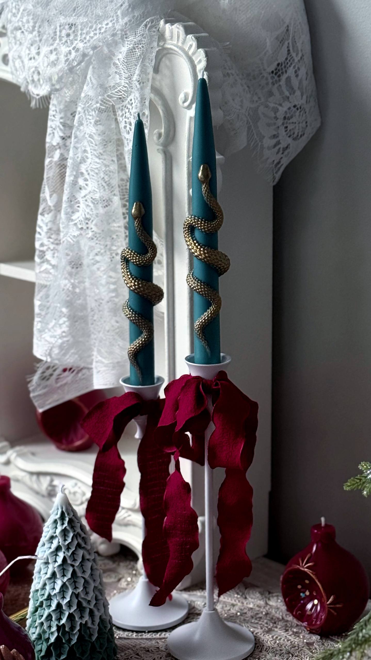 Christmas Taper Candles (Set of 2) with Gold Snake - Gothic Holiday Decor Set