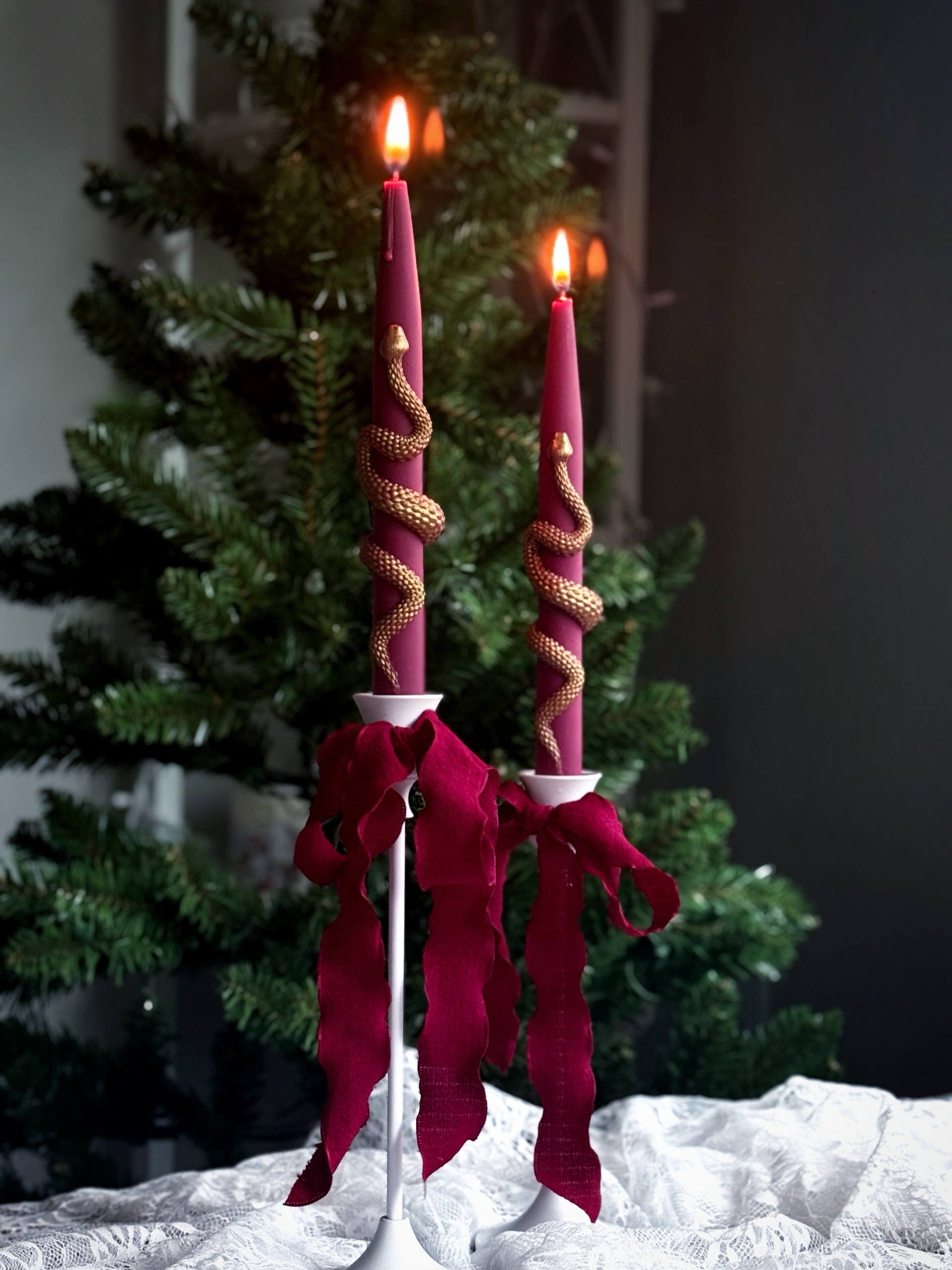 Christmas Taper Candles (Set of 2) with Gold Snake - Gothic Holiday Decor Set