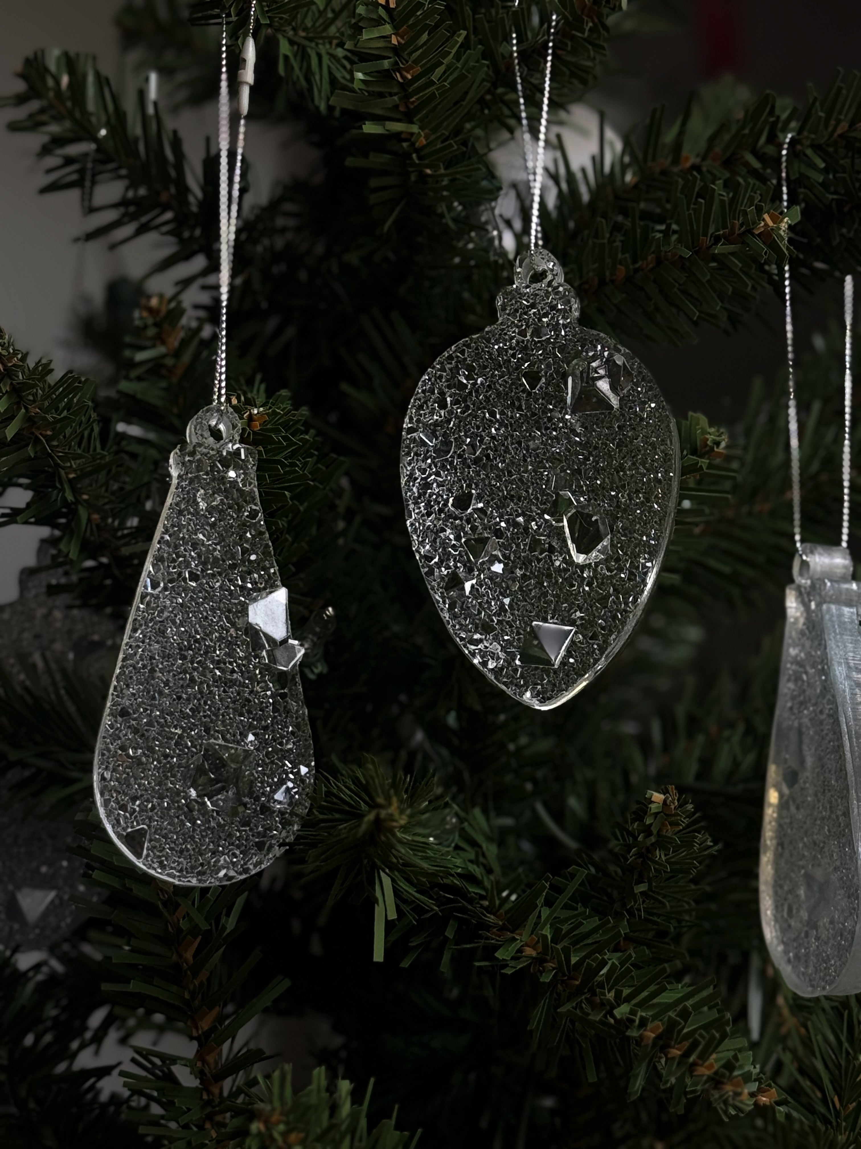 Set of 2 Crystal Drop Ornaments | Clear Resin Christmas Decorations | Large Sparkling Tree Drops