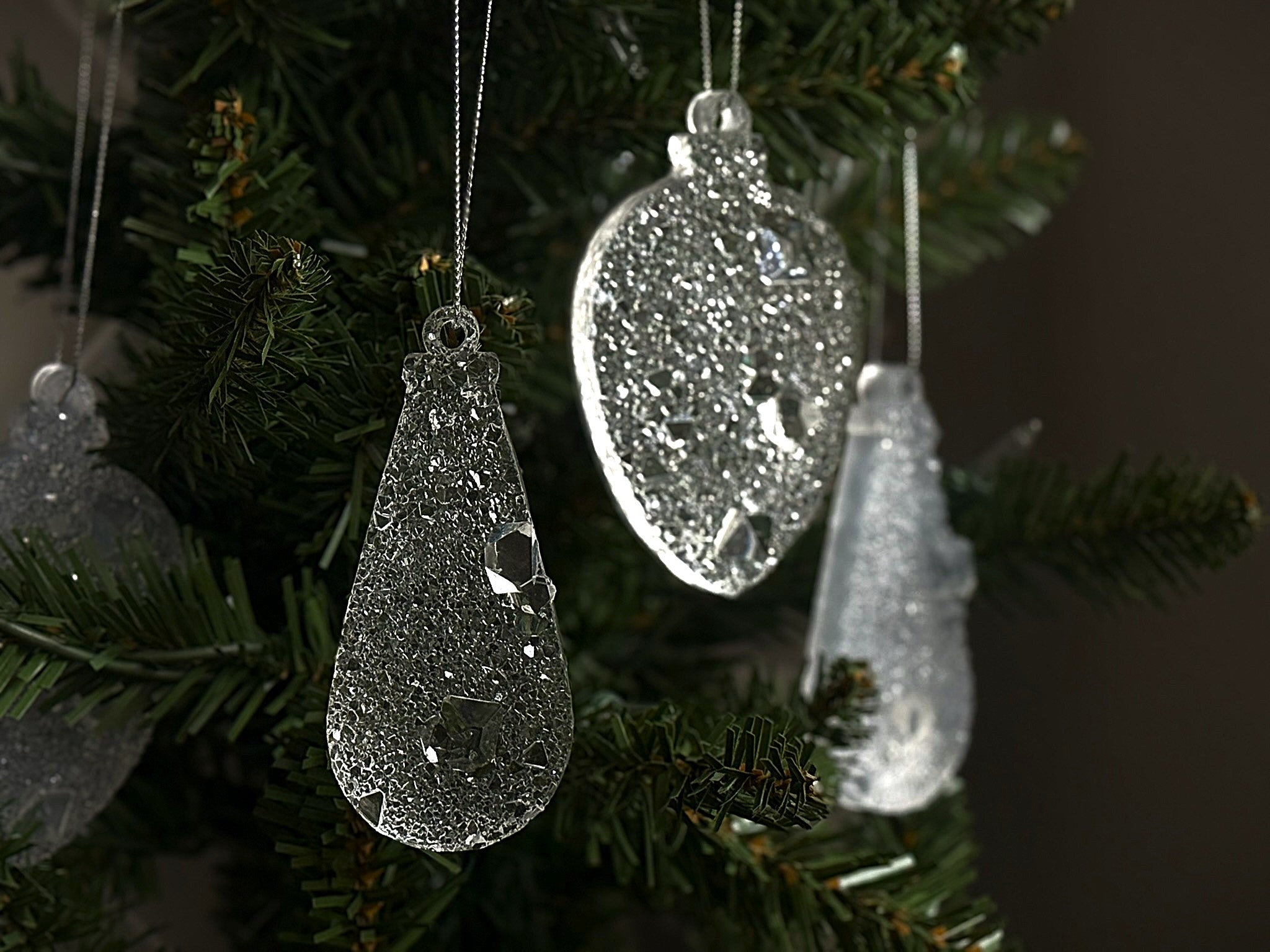 Set of 2 Crystal Drop Ornaments | Clear Resin Christmas Decorations | Large Sparkling Tree Drops