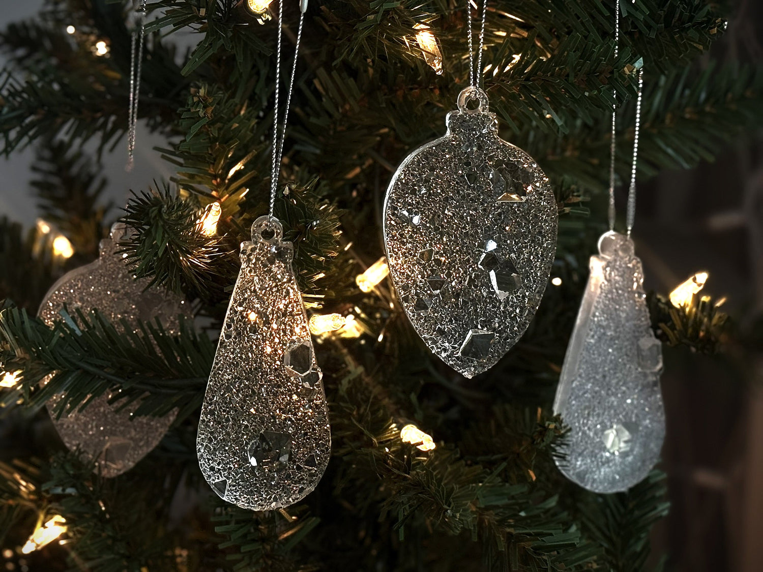 Set of 2 Crystal Drop Ornaments | Clear Resin Christmas Decorations | Large Sparkling Tree Drops