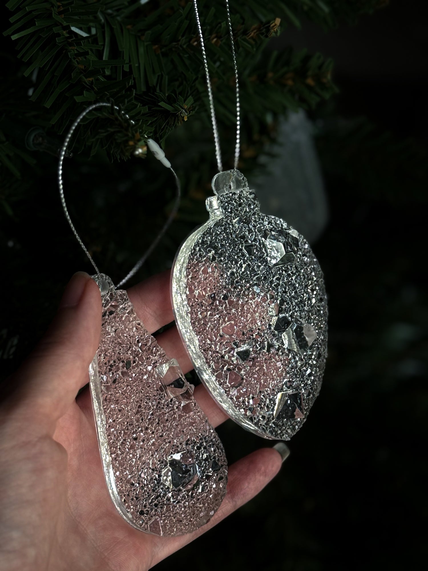 Set of 2 Crystal Drop Ornaments | Clear Resin Christmas Decorations | Large Sparkling Tree Drops