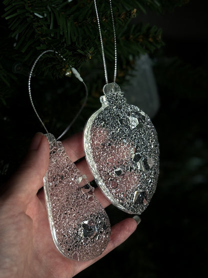 Set of 2 Crystal Drop Ornaments | Clear Resin Christmas Decorations | Large Sparkling Tree Drops