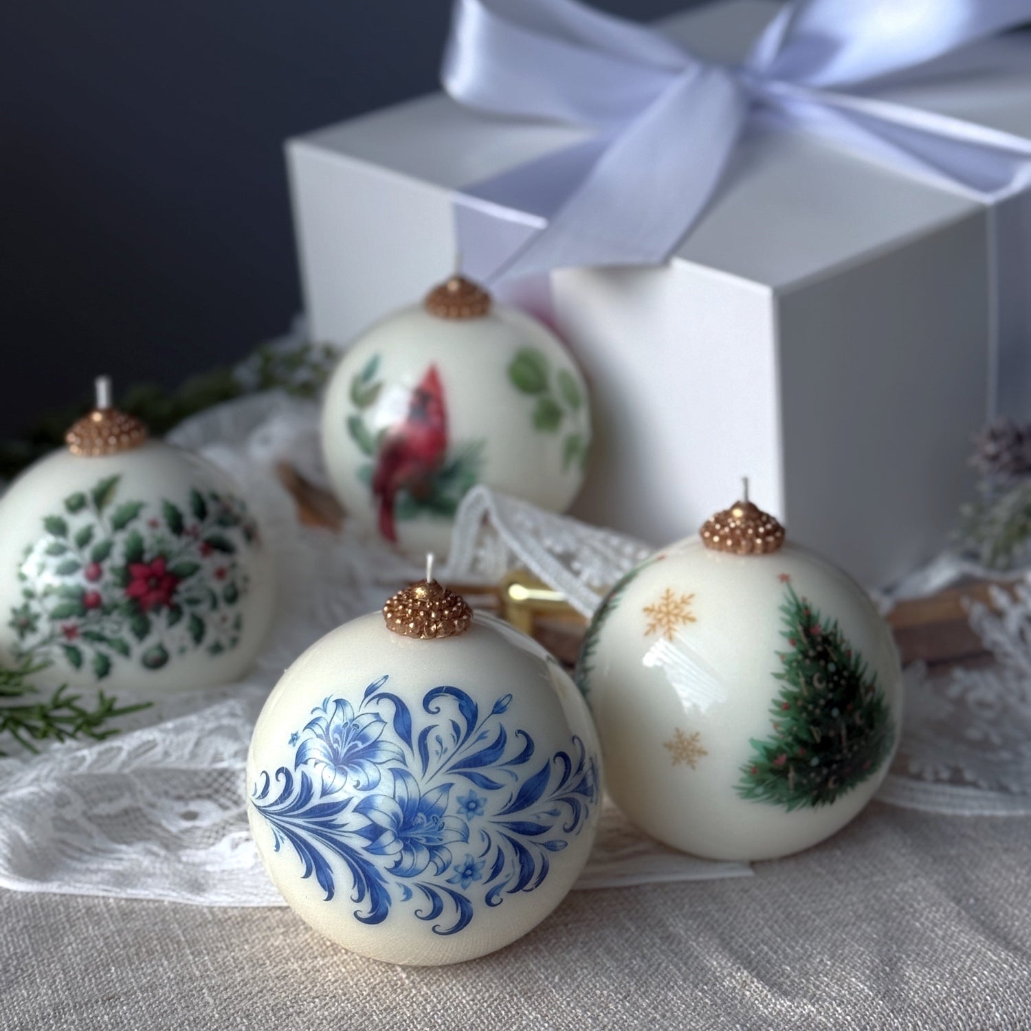 Christmas Candle Gift Set: Vintage style Gzhel, Cardinal, Tree - Holiday Poinsettia Gift for Hostess