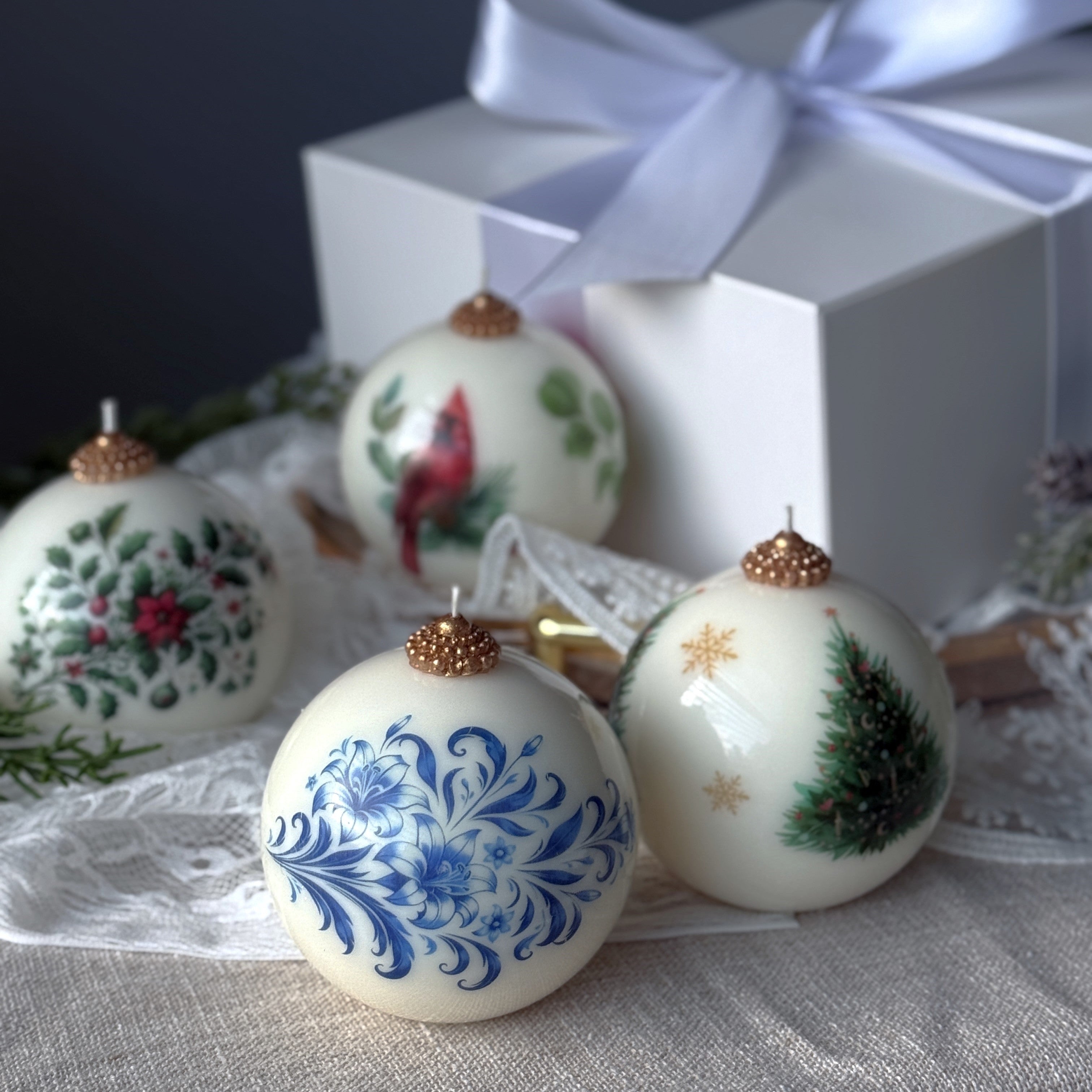 Christmas Candle Gift Set: Vintage style Gzhel, Cardinal, Tree - Holiday Poinsettia Gift for Hostess