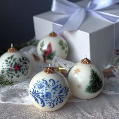 Christmas Candle Gift Set: Vintage style Gzhel, Cardinal, Tree - Holiday Poinsettia Gift for Hostess