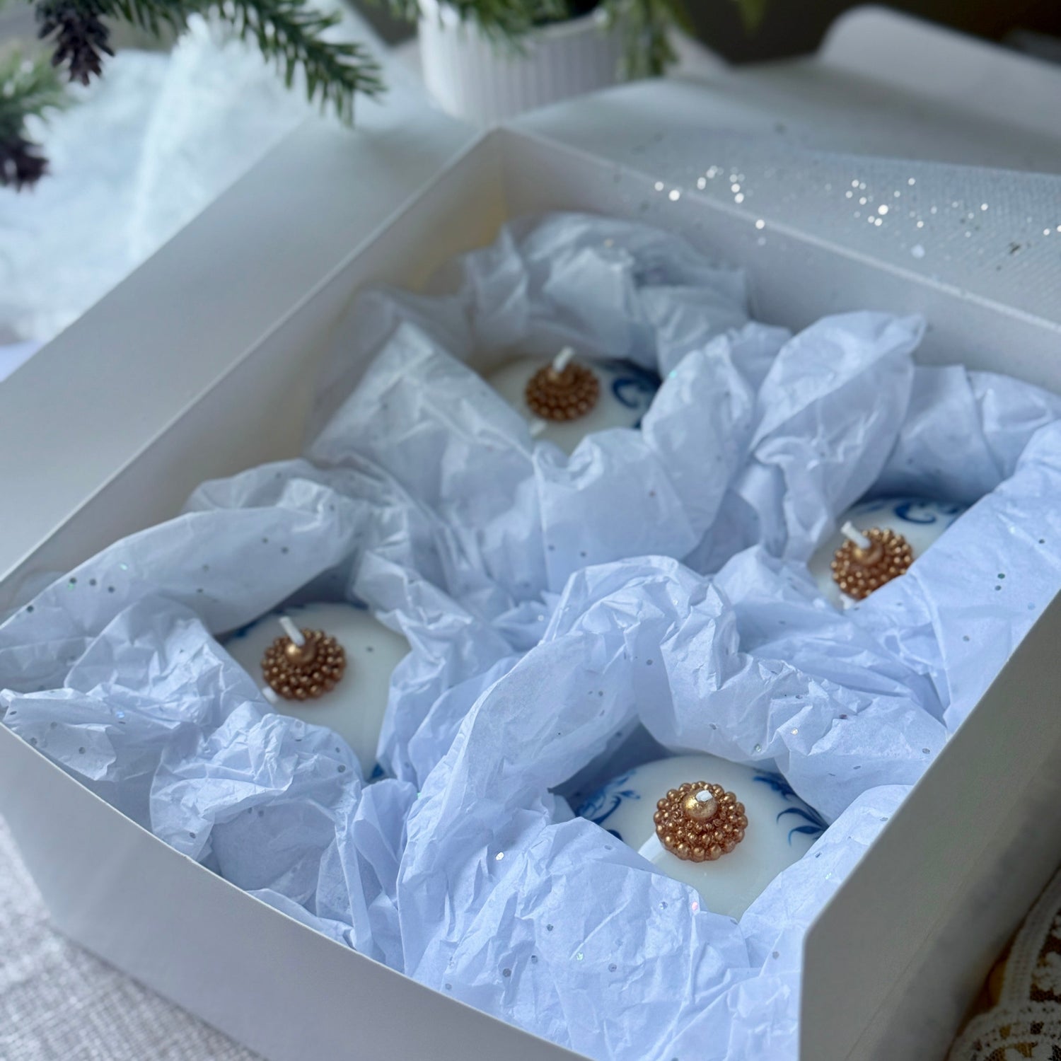 Christmas Candle Gift Set: Vintage style Gzhel, Cardinal, Tree - Holiday Poinsettia Gift for Hostess