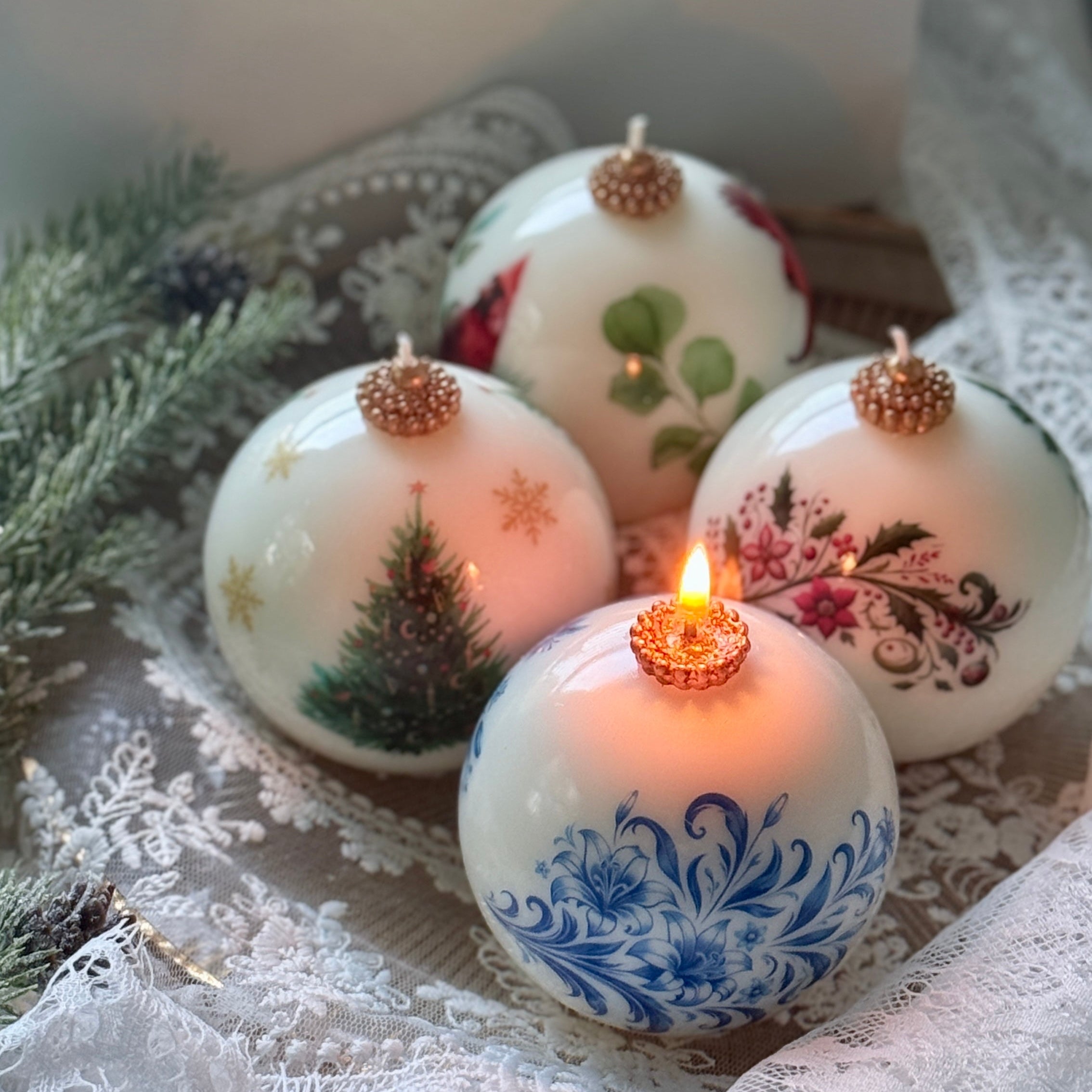 Christmas Candle Gift Set: Vintage style Gzhel, Cardinal, Tree - Holiday Poinsettia Gift for Hostess