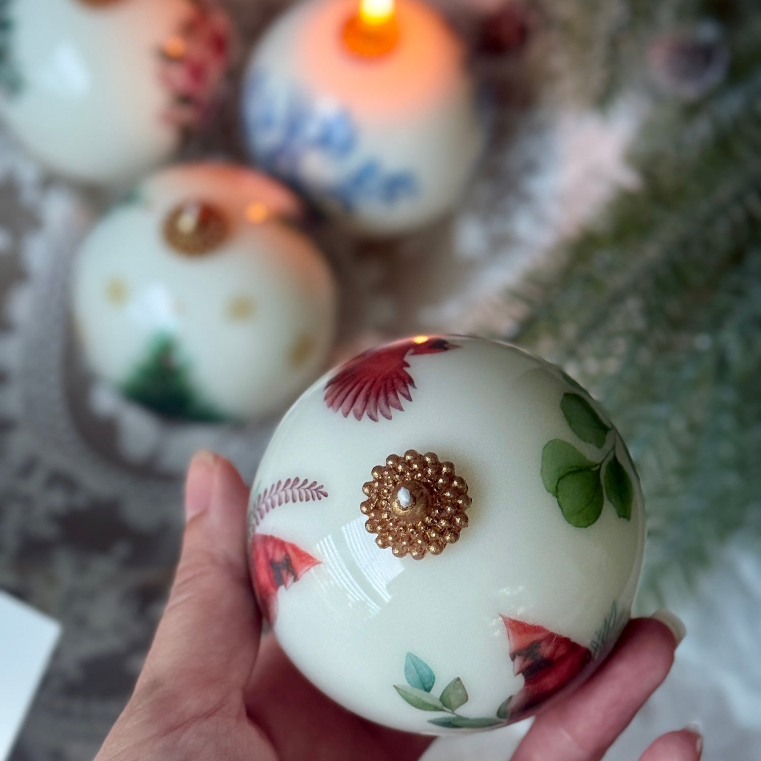 Christmas Candle Gift Set: Vintage style Gzhel, Cardinal, Tree - Holiday Poinsettia Gift for Hostess