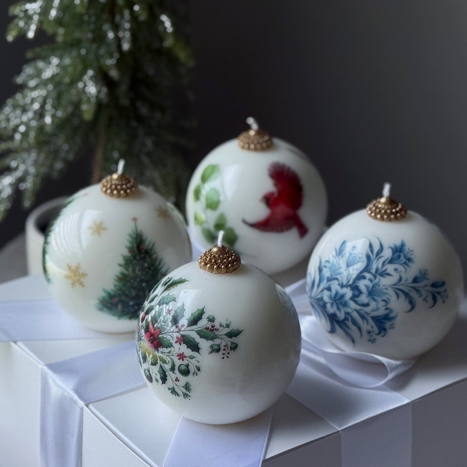 Christmas Candle Gift Set: Vintage style Gzhel, Cardinal, Tree - Holiday Poinsettia Gift for Hostess