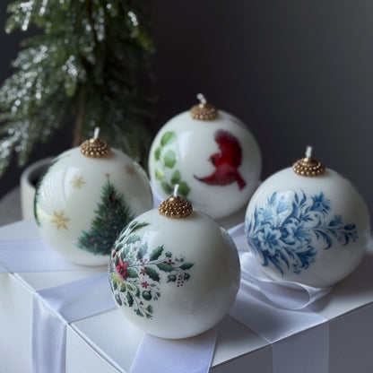 Christmas Candle Gift Set: Vintage style Gzhel, Cardinal, Tree - Holiday Poinsettia Gift for Hostess