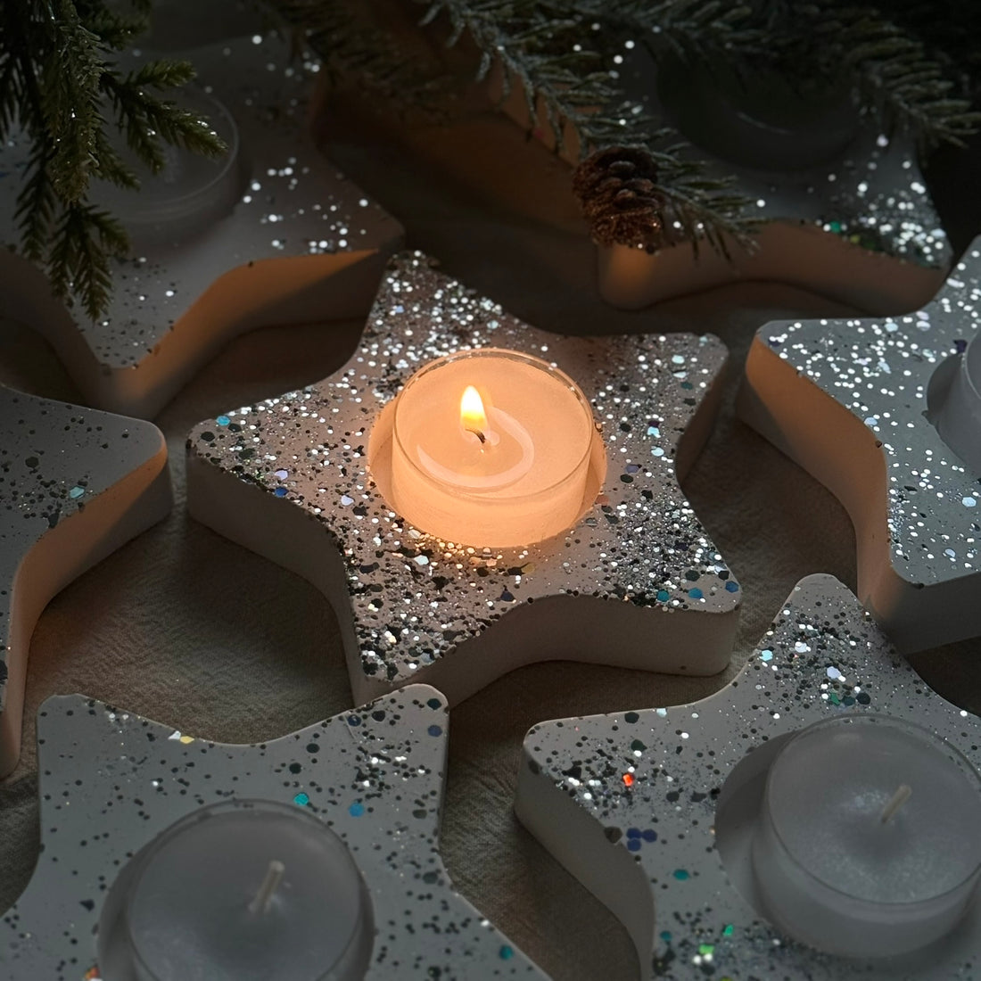 Glitter Star Tealight Holder Set of 3 | Holiday Table Decor, Coworker Gift