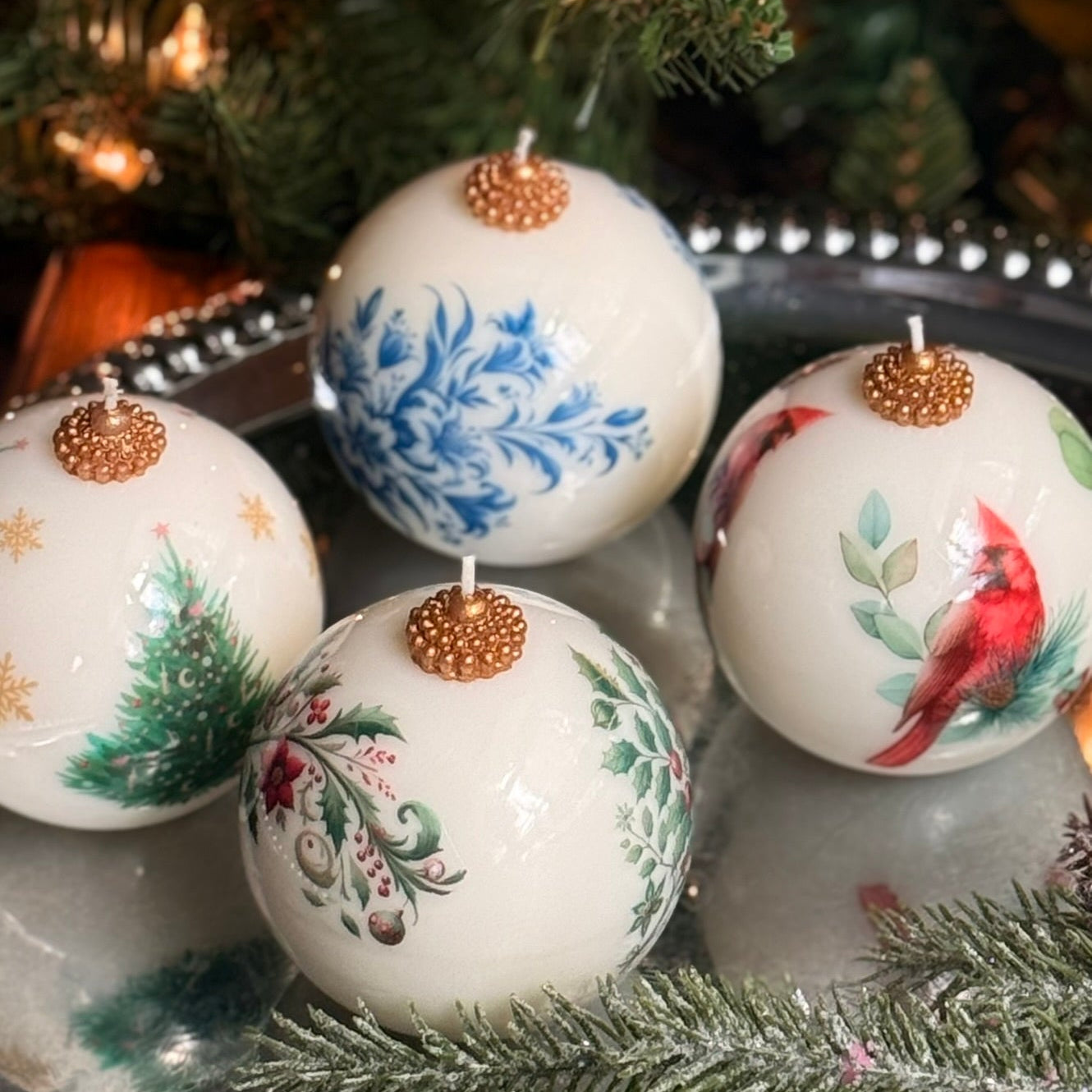 Christmas Candle Gift Set: Vintage style Gzhel, Cardinal, Tree - Holiday Poinsettia Gift for Hostess