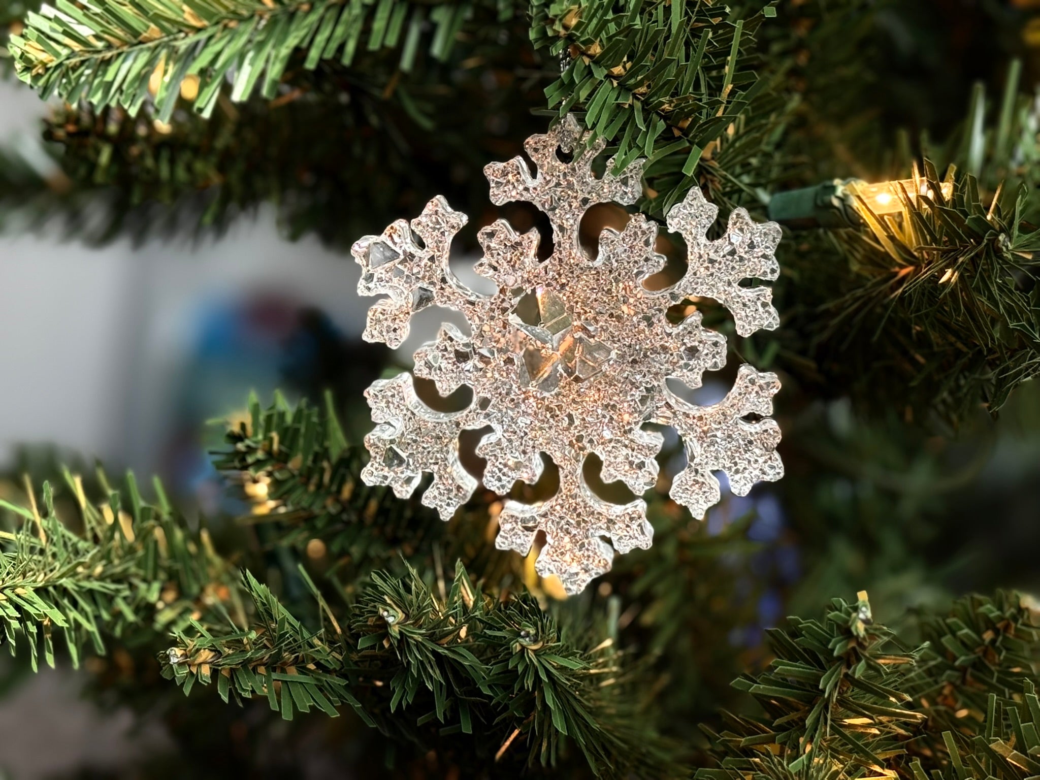 Snowflake Holiday Ornament | Clear Resin Christmas Decoration | Sparkling Winter Tree Decor