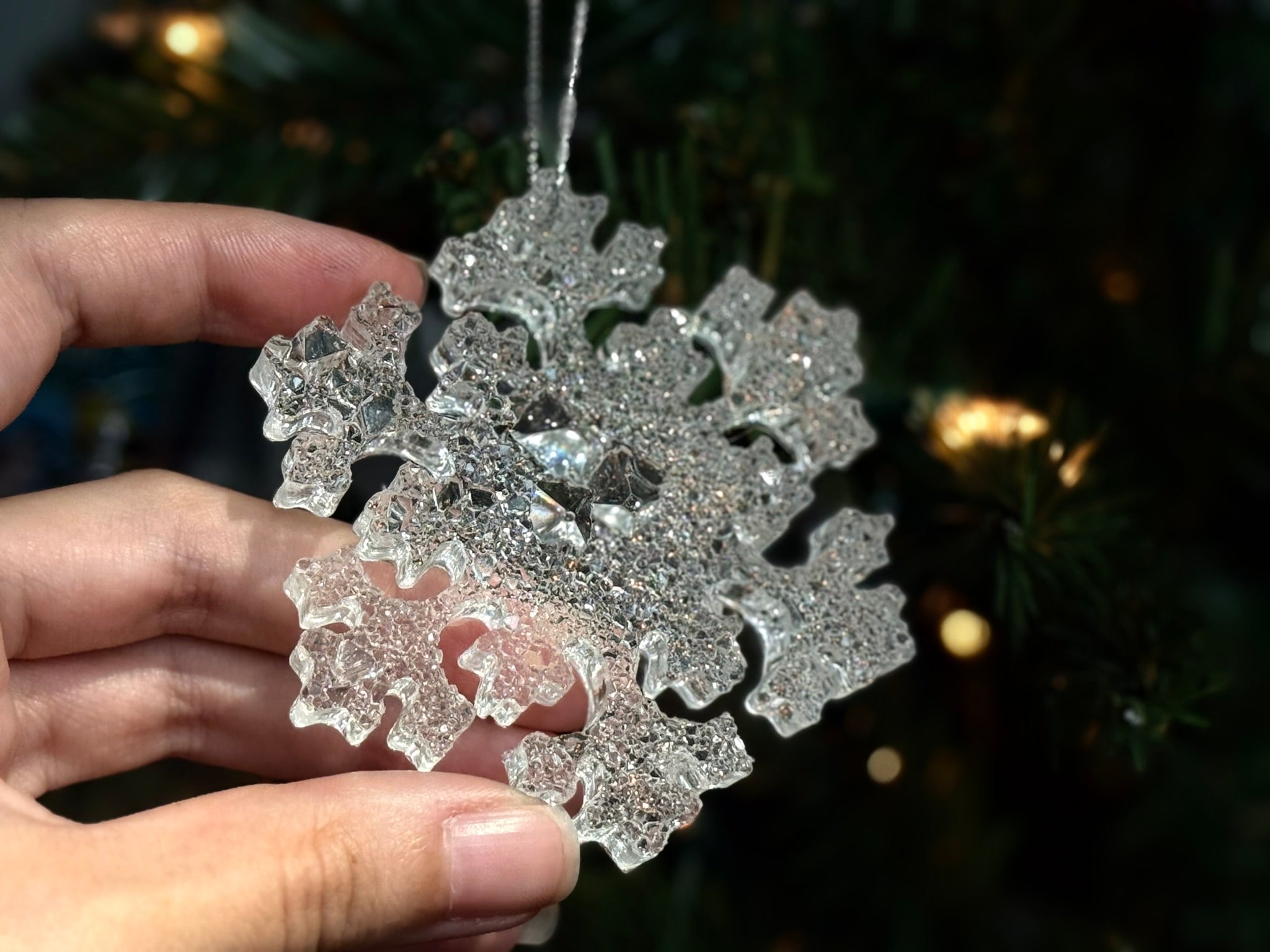Snowflake Holiday Ornament | Clear Resin Christmas Decoration | Sparkling Winter Tree Decor