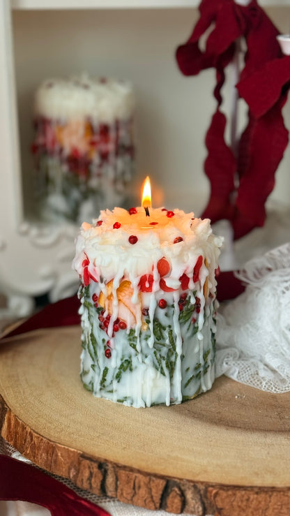 Botanical Christmas Candle: Rustic Holiday Decor with fir sprigs, orange and spices