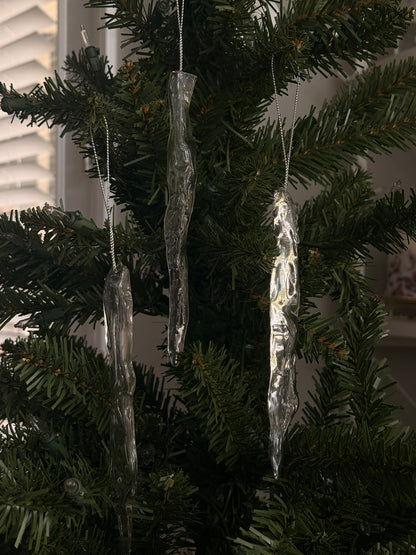Set of 3 Icicle Christmas Ornaments: Realistic Ice Look, Winter Holiday Decor