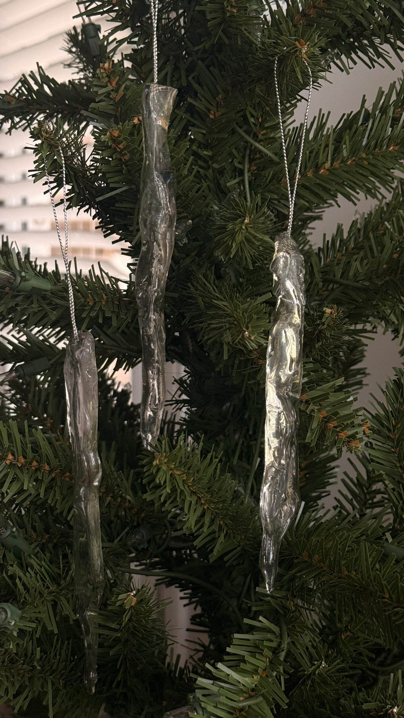 Set of 3 Icicle Christmas Ornaments: Realistic Ice Look, Winter Holiday Decor