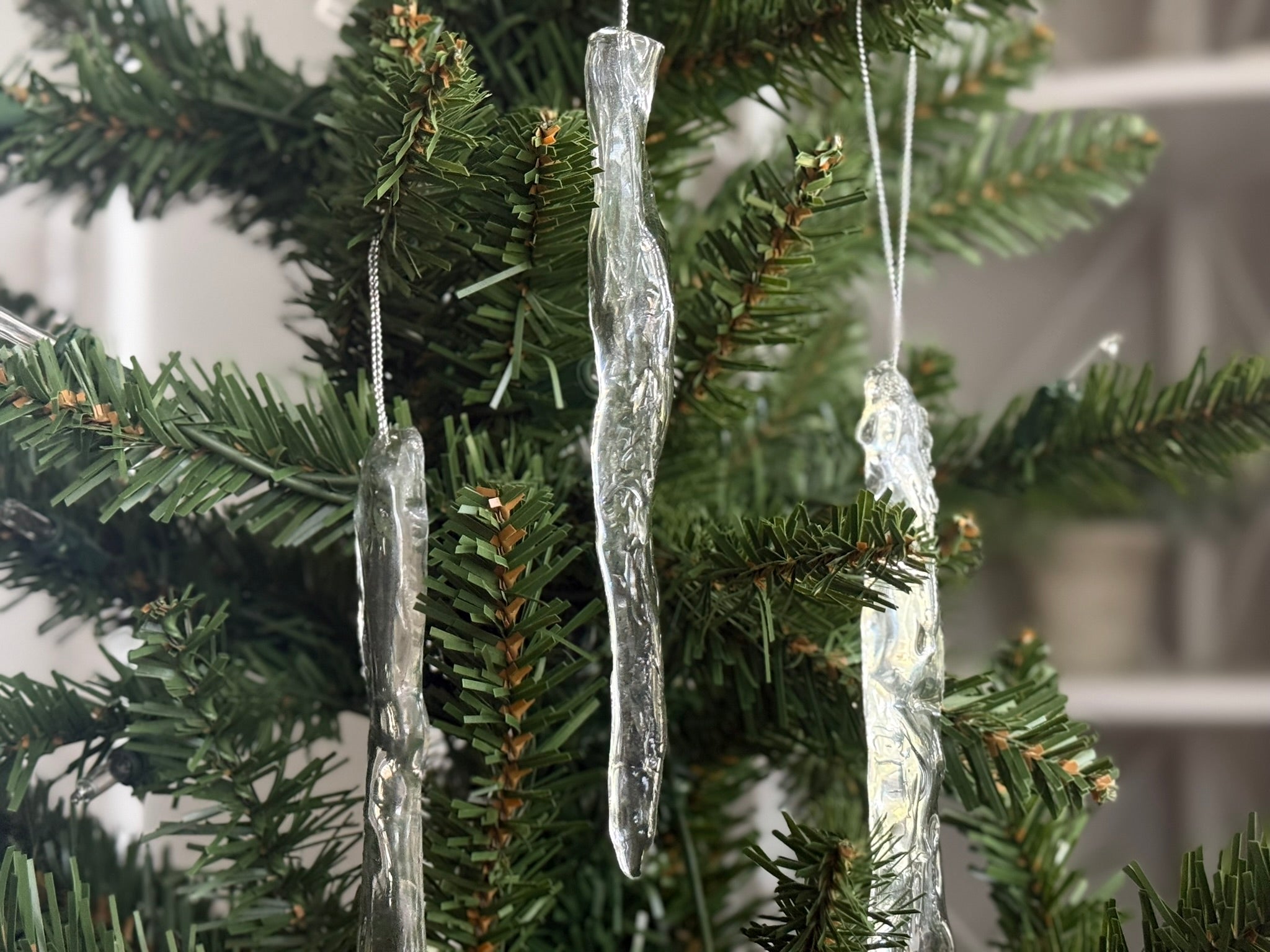 Set of 3 Icicle Christmas Ornaments: Realistic Ice Look, Winter Holiday Decor