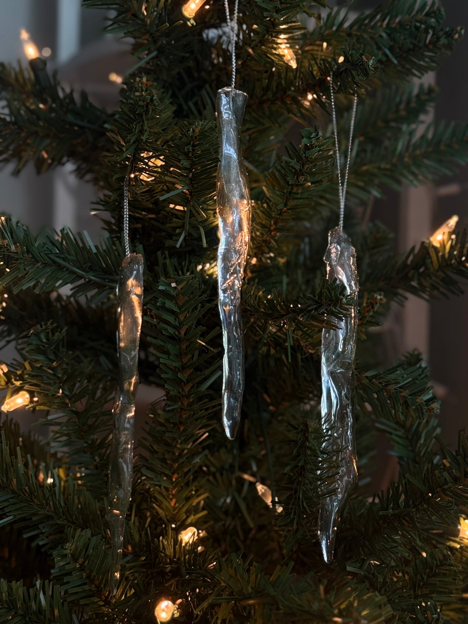 Set of 3 Icicle Christmas Ornaments: Realistic Ice Look, Winter Holiday Decor
