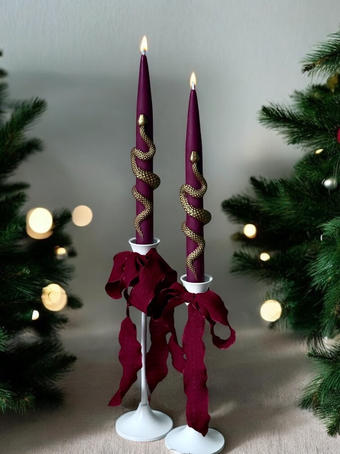 Christmas Taper Candles (Set of 2) with Gold Snake - Gothic Holiday Decor Set