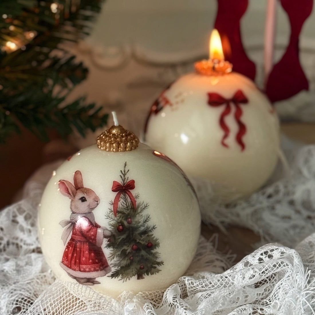 Decorative Christmas ornaments candle with a rabbit and tree design
