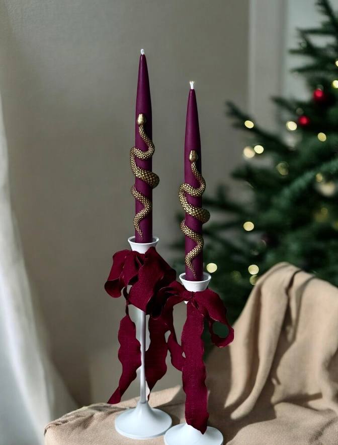 Christmas Taper Candles (Set of 2) with Gold Snake - Gothic Holiday Decor Set