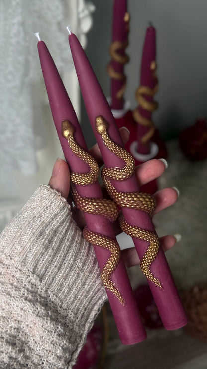 Christmas Taper Candles (Set of 2) with Gold Snake - Gothic Holiday Decor Set