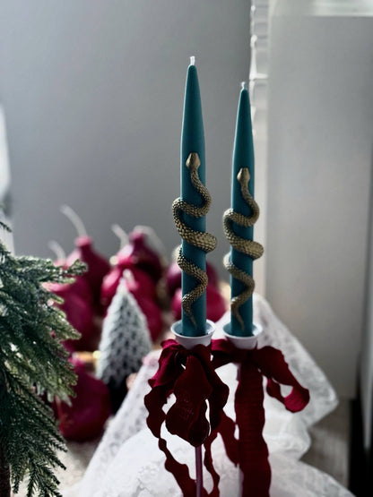 Christmas Taper Candles (Set of 2) with Gold Snake - Gothic Holiday Decor Set