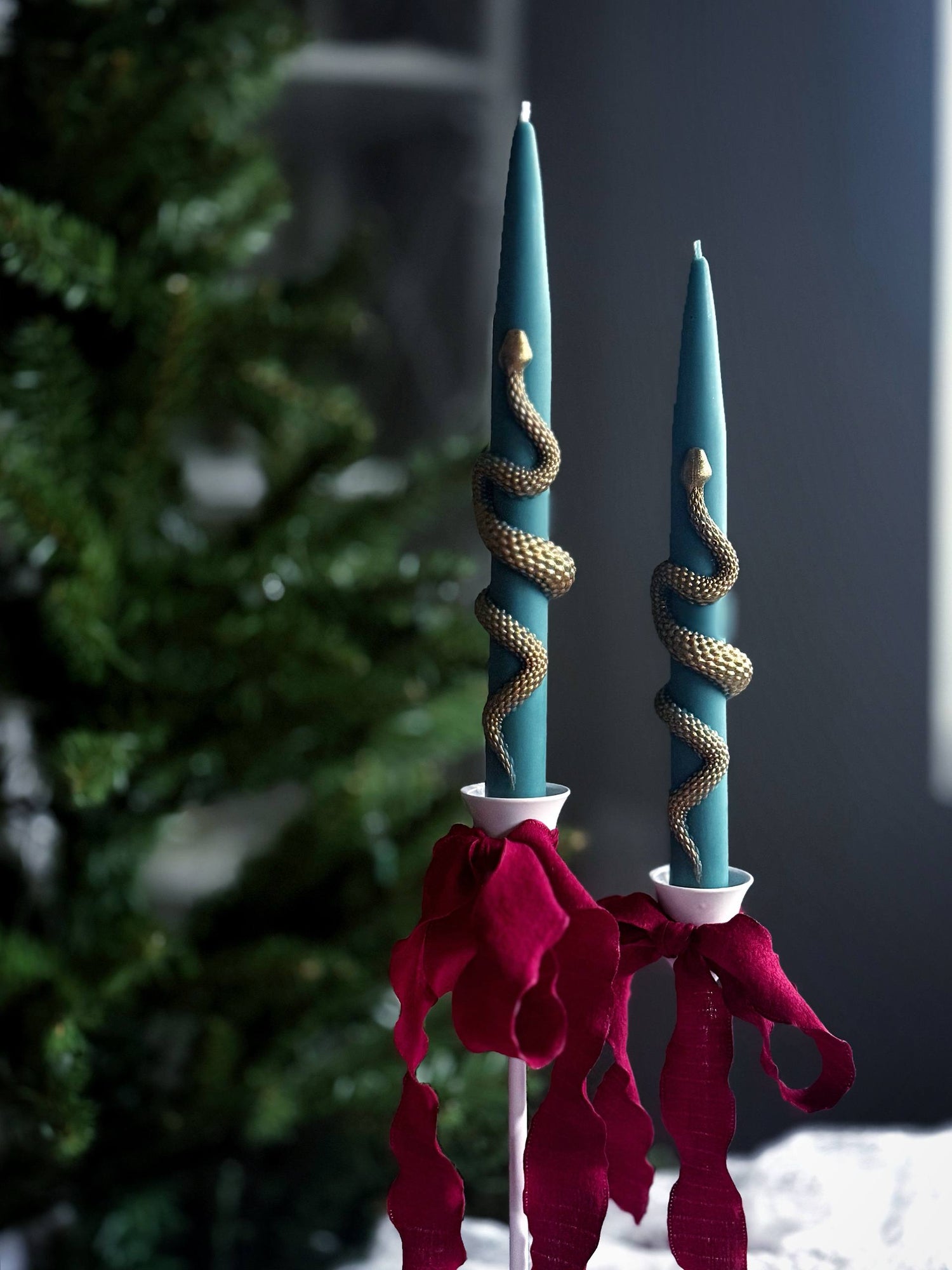 Christmas Taper Candles (Set of 2) with Gold Snake - Gothic Holiday Decor Set