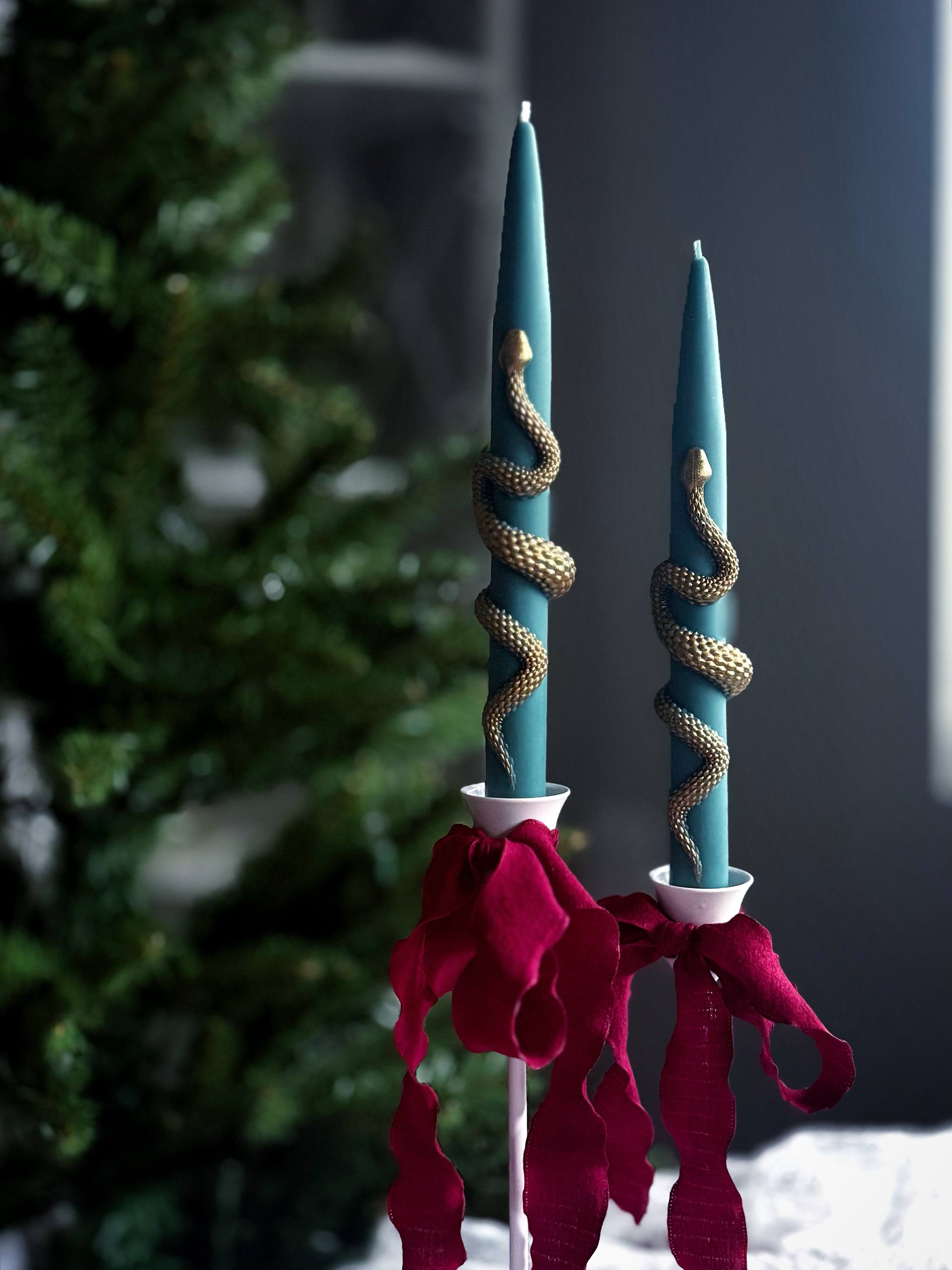 Christmas Taper Candles (Set of 2) with Gold Snake - Gothic Holiday Decor Set