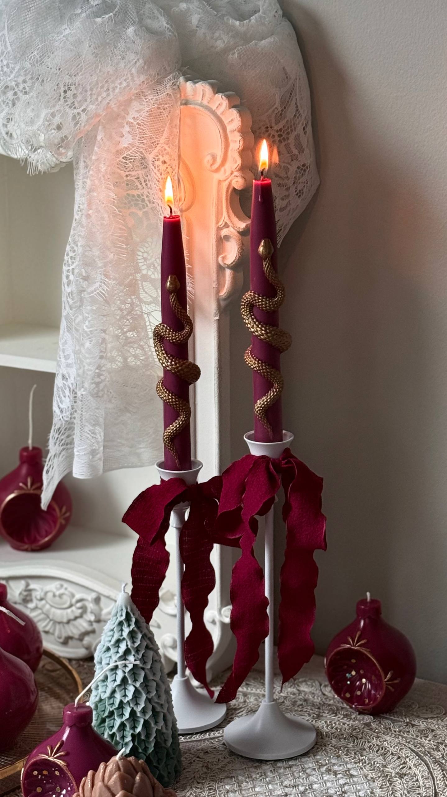 Christmas Taper Candles (Set of 2) with Gold Snake - Gothic Holiday Decor Set