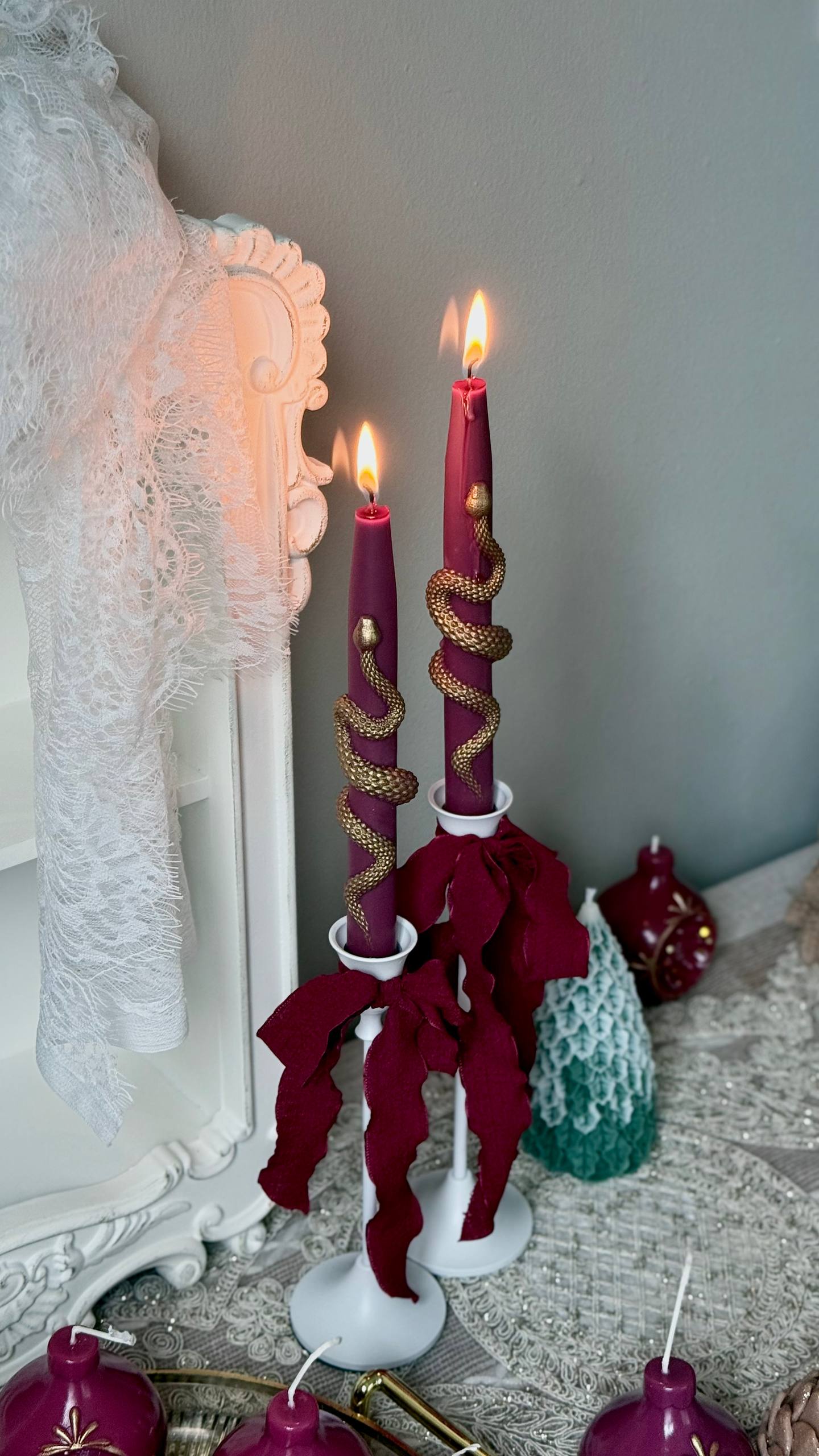 Christmas Taper Candles (Set of 2) with Gold Snake - Gothic Holiday Decor Set