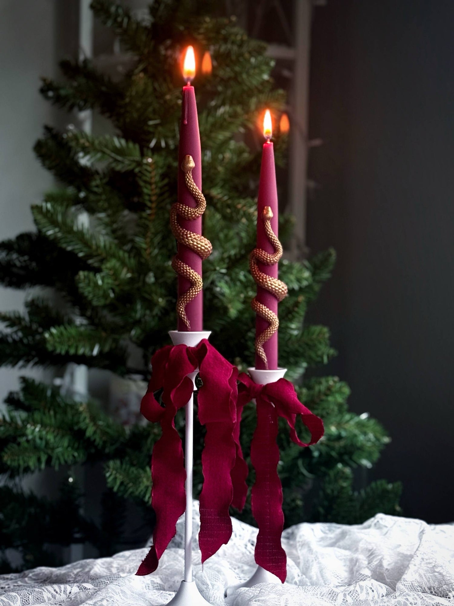 Christmas Taper Candles (Set of 2) with Gold Snake - Gothic Holiday Decor Set