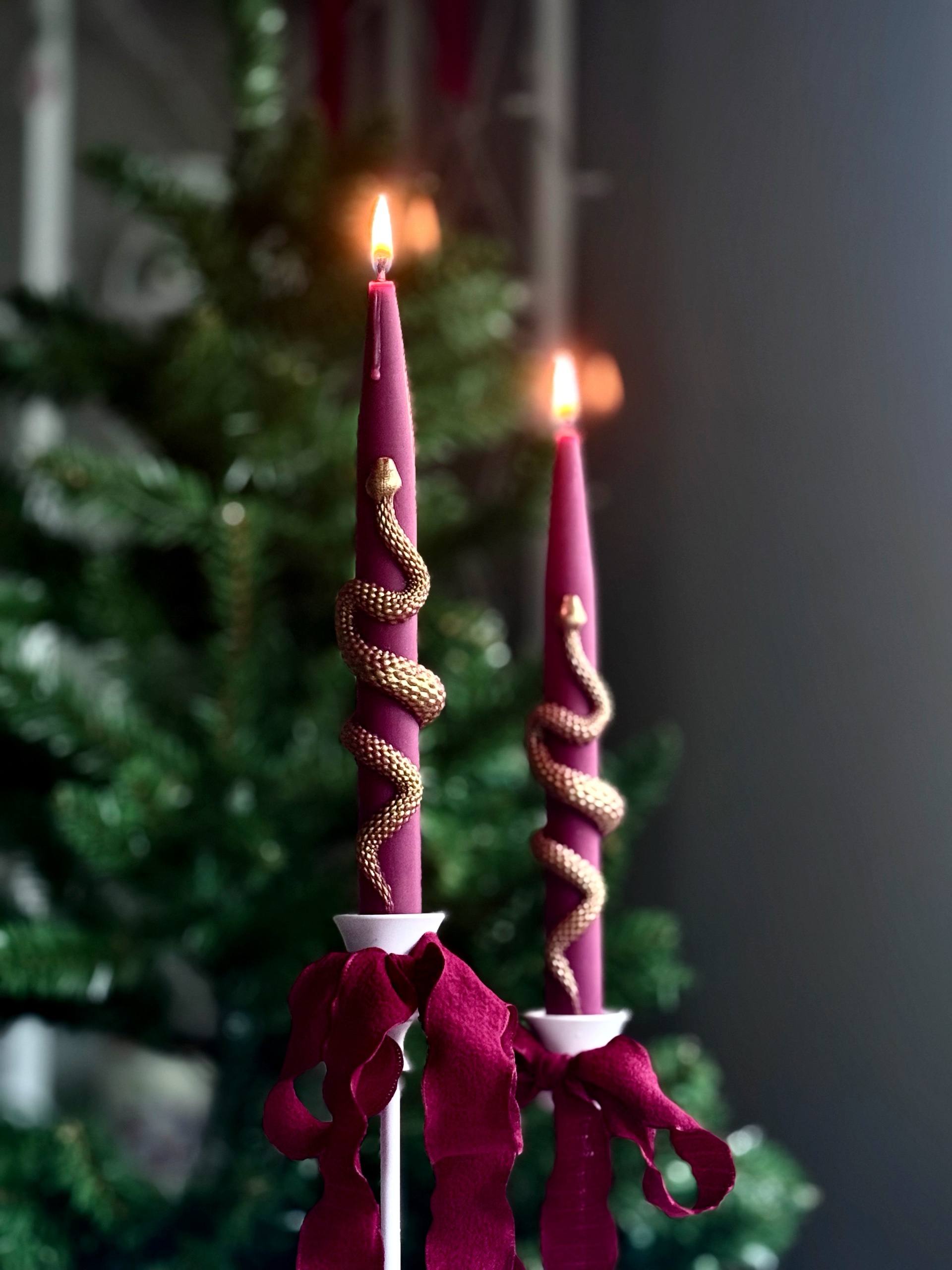 Christmas Taper Candles (Set of 2) with Gold Snake - Gothic Holiday Decor Set