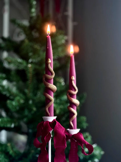 Christmas Taper Candles (Set of 2) with Gold Snake - Gothic Holiday Decor Set