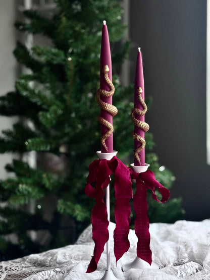 Christmas Taper Candles (Set of 2) with Gold Snake - Gothic Holiday Decor Set