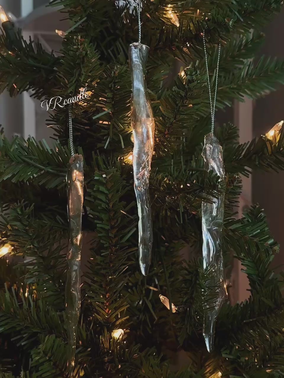 Set of 3 Icicle Christmas Ornaments: Realistic Ice Look, Winter Holiday Decor
