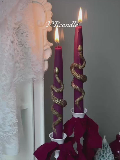 Christmas Taper Candles (Set of 2) with Gold Snake - Gothic Holiday Decor Set