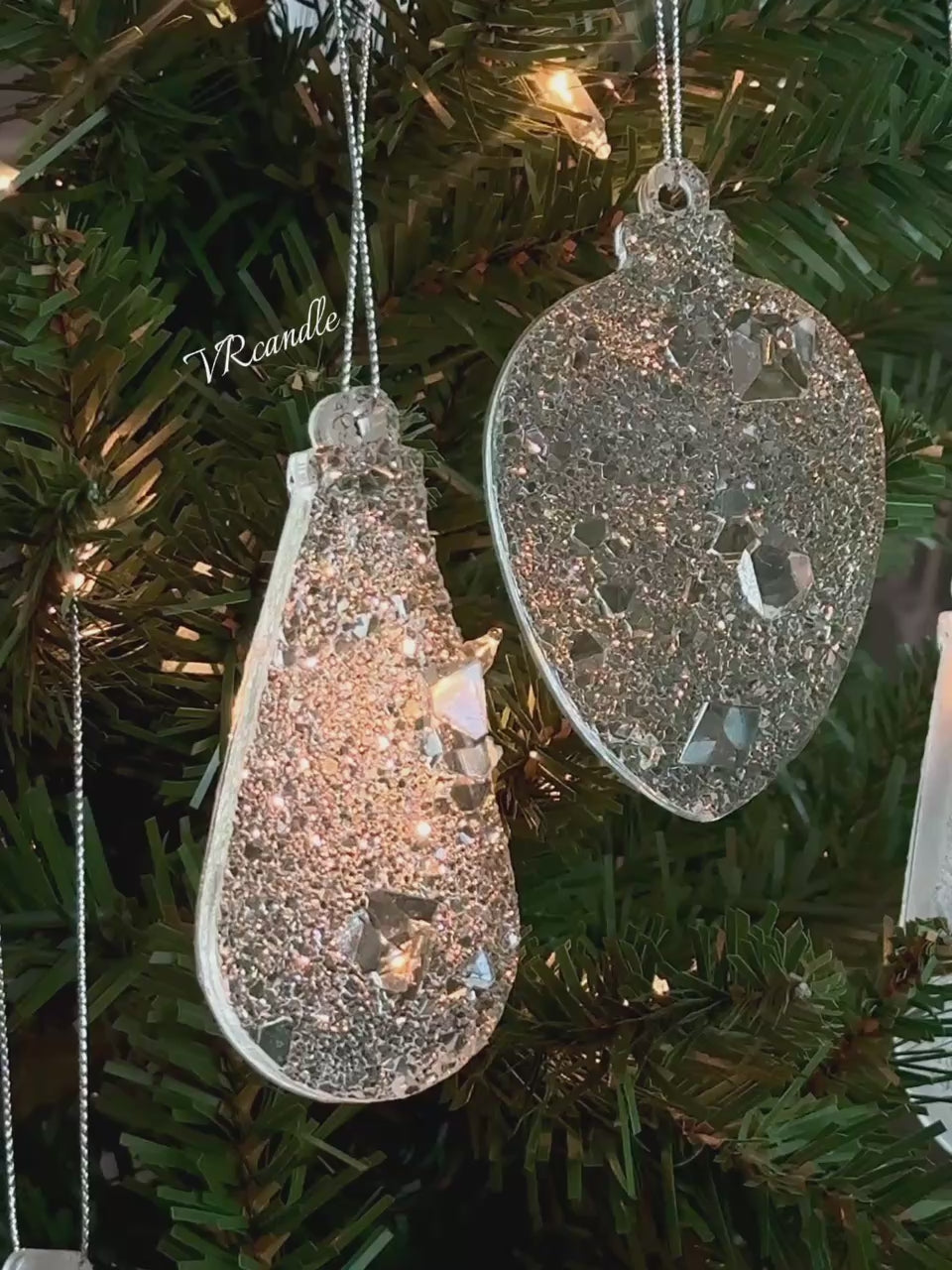 Set of 2 Crystal Drop Ornaments | Clear Resin Christmas Decorations | Large Sparkling Tree Drops