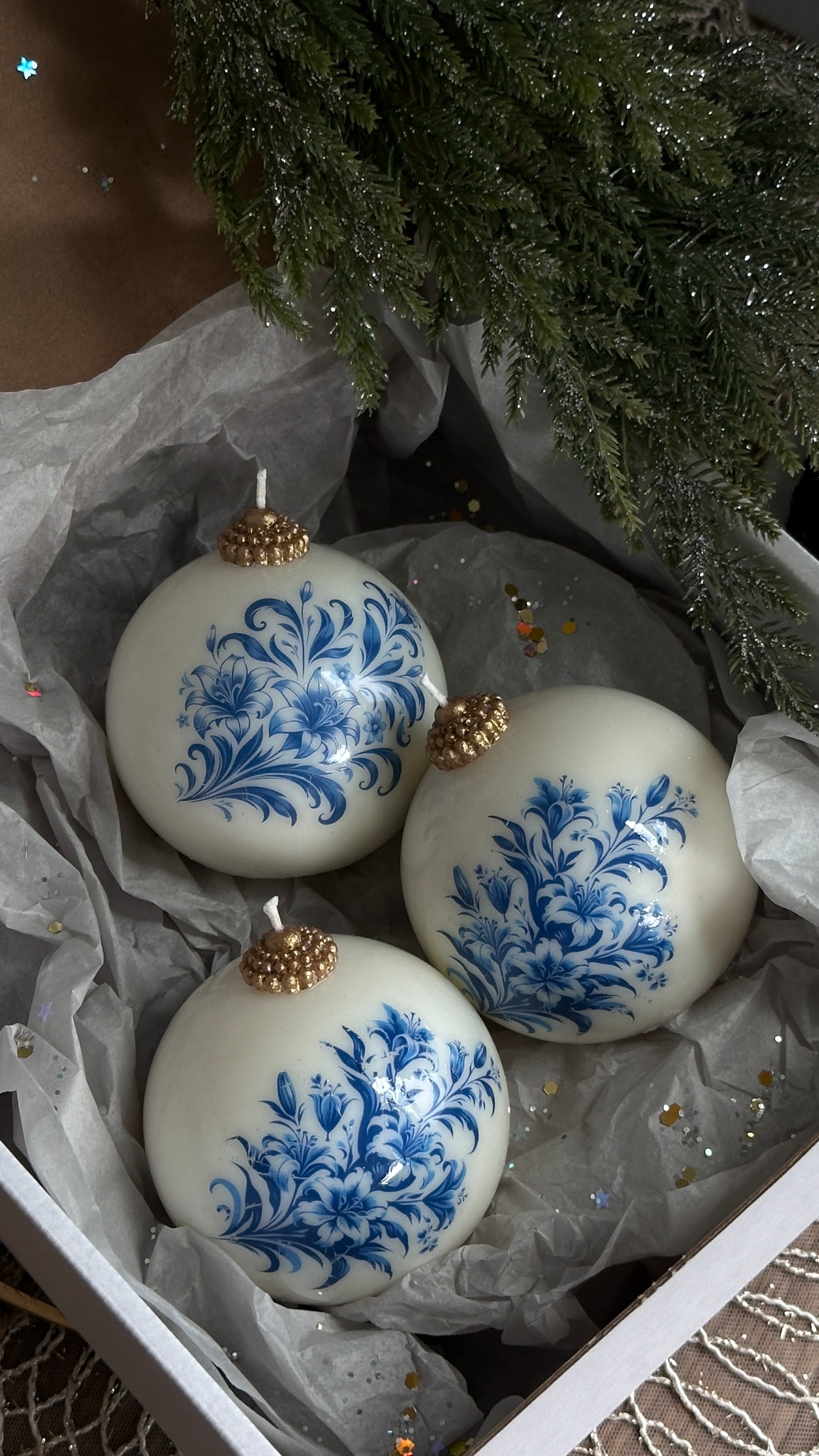 Handmade Christmas ornament candles in gift box