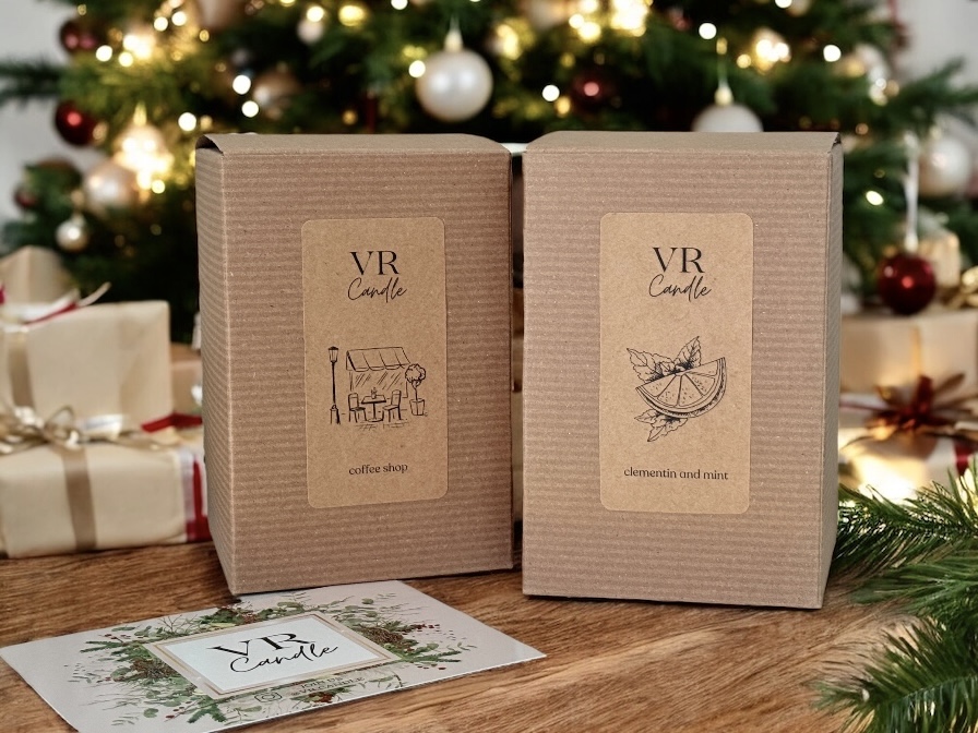 Kraft gift boxes with handmade VRcandle candles ready to ship from Charlotte NC
